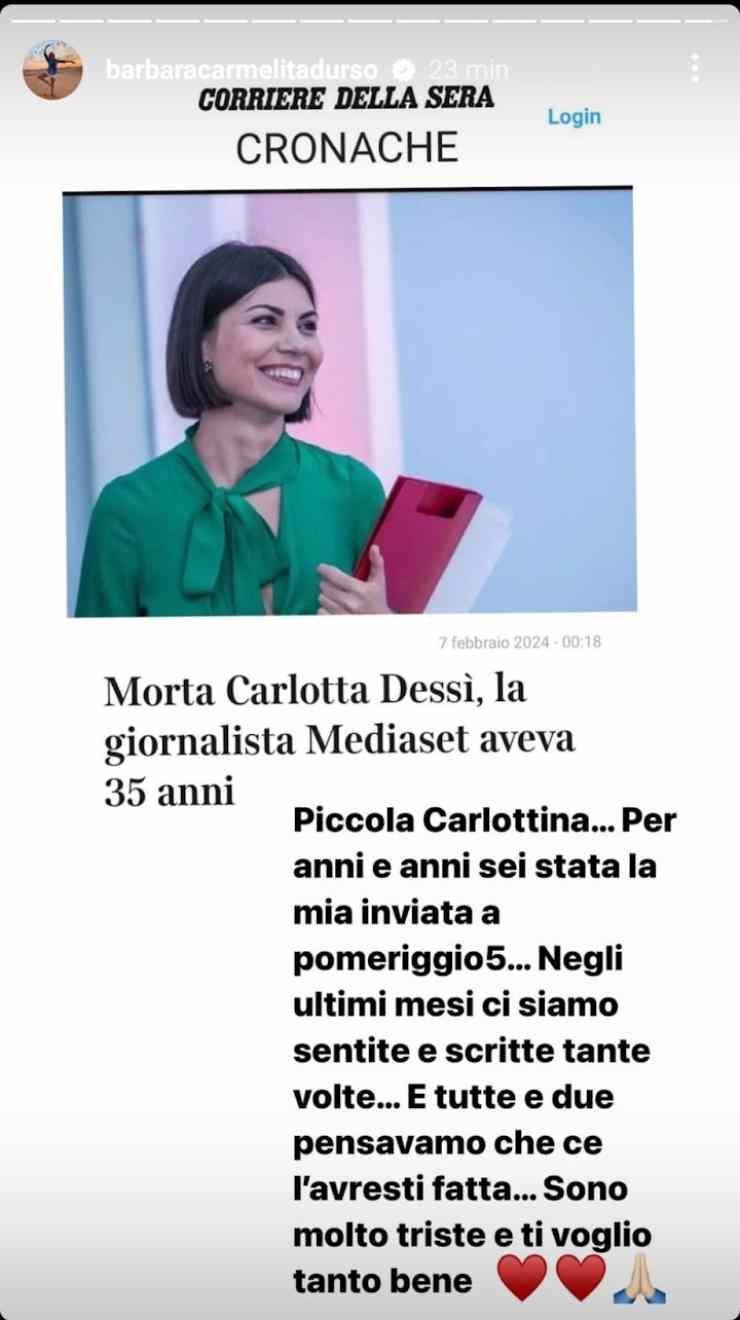 Barbara D'Urso Carlotta Dessì messaggio 